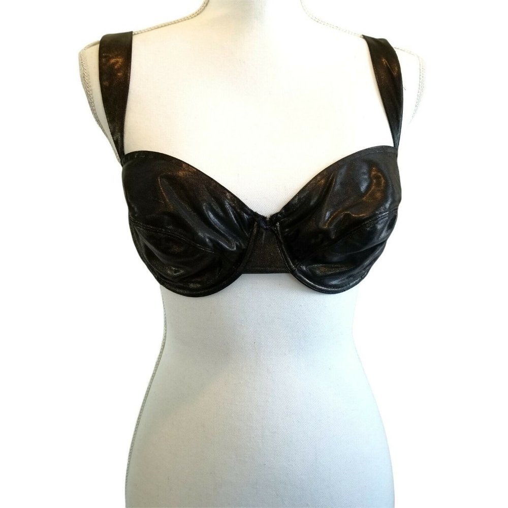 Vintage 90s‎ Unlined Black Gold Underwire Bra Goth Rocker Size 36D